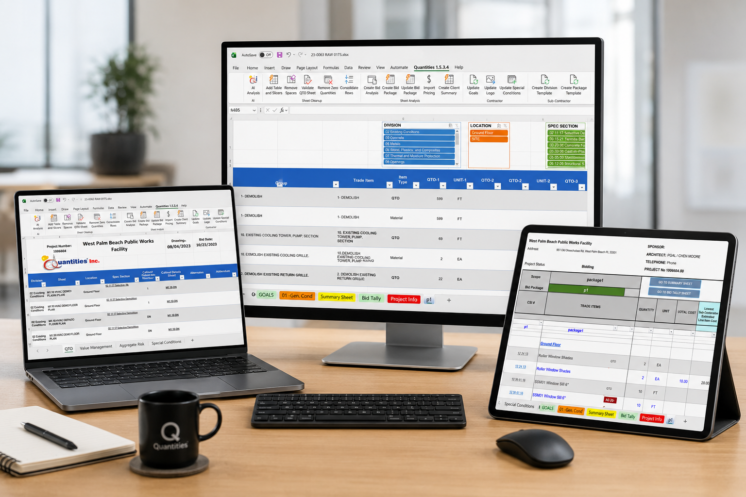 Quantities workflow displayed across desktop, laptop, and tablet