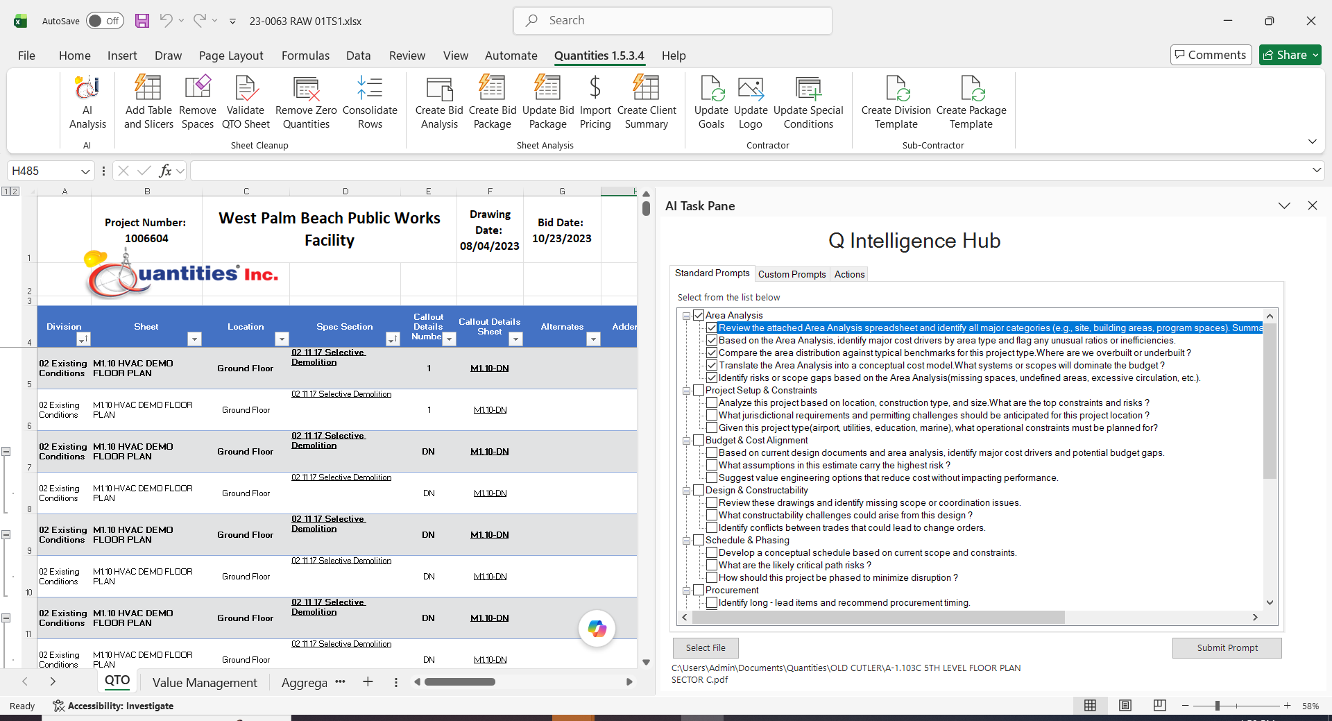 Q-Intelligence Hub analyzing construction project data inside Excel