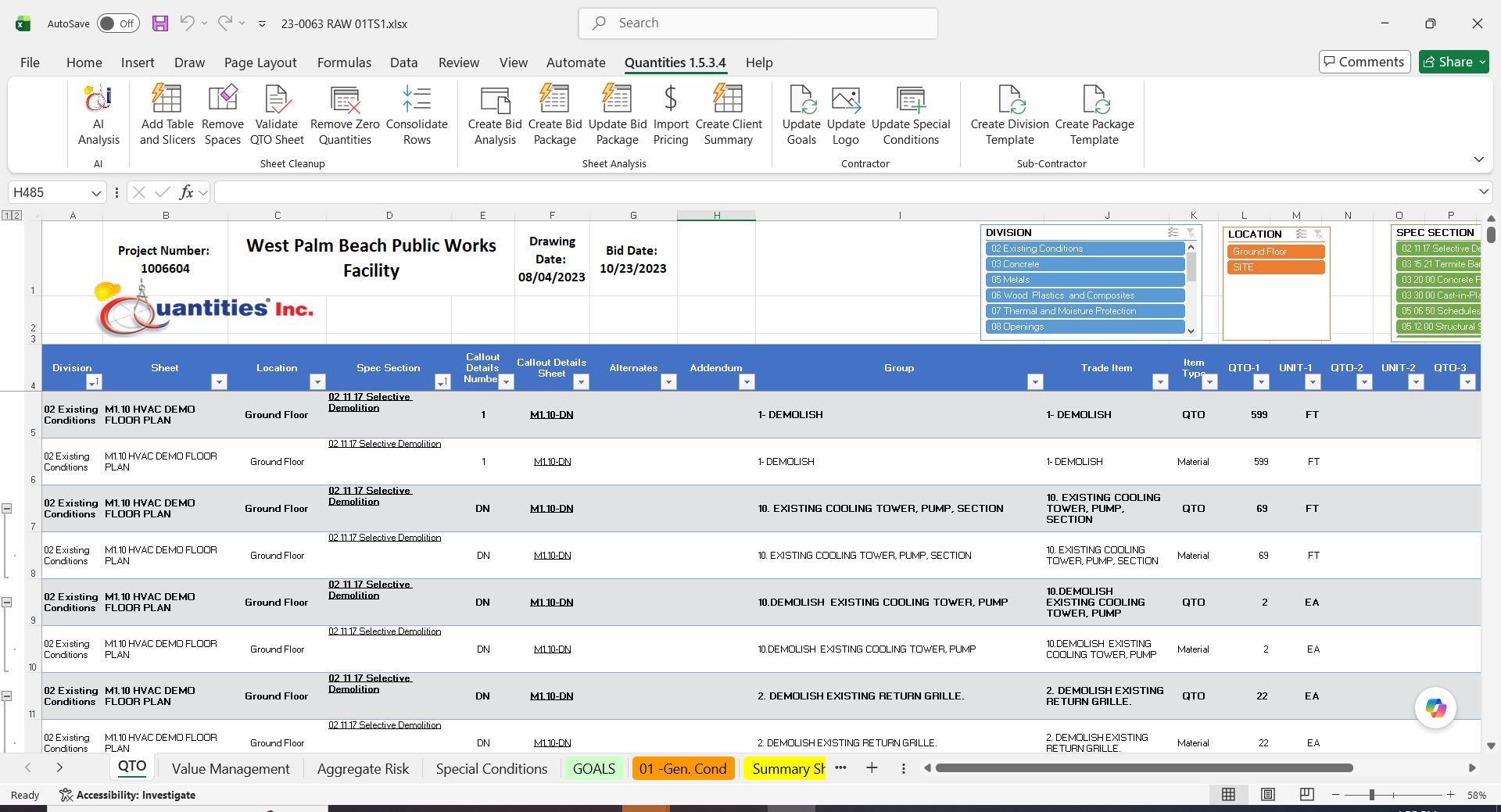 Structured Quantities QTO workbook with CSI, location, and quantity fields