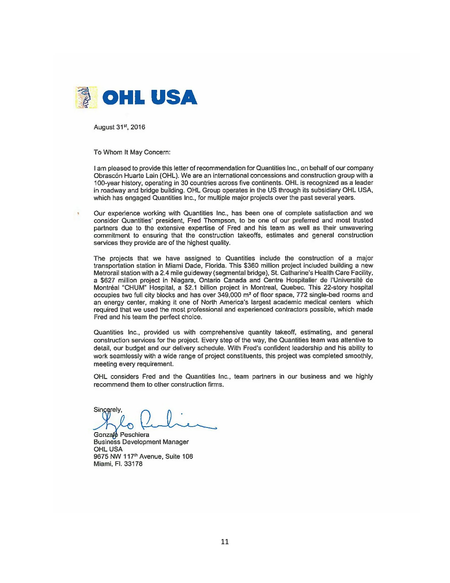 OHL USA recommendation letter preview