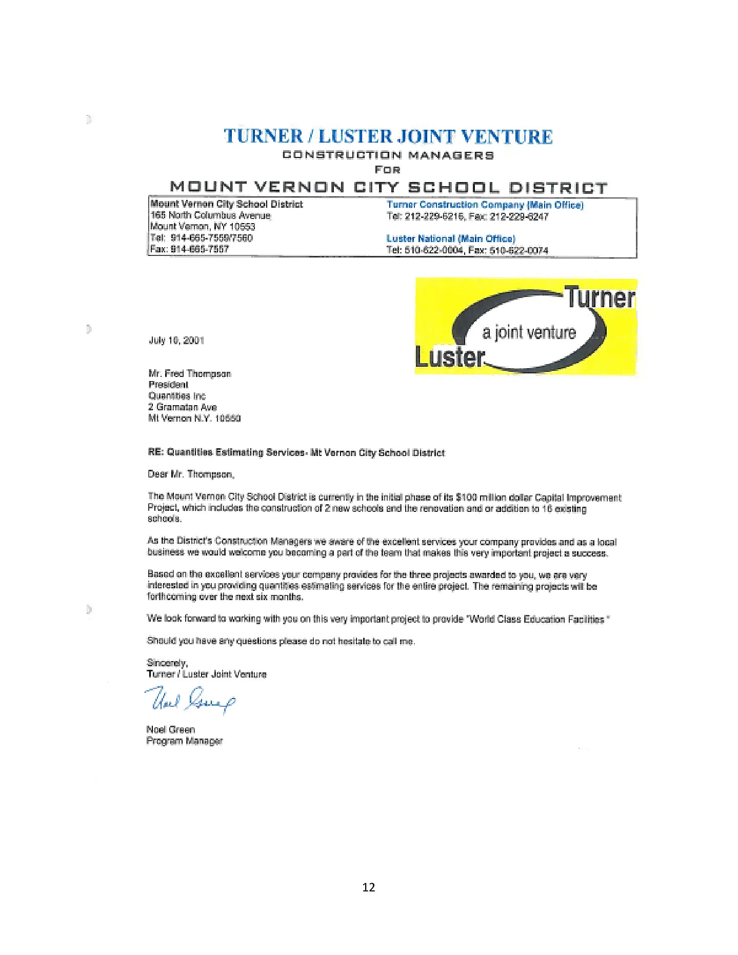 Original signed recommendation letter from Turner / Luster Joint Venture