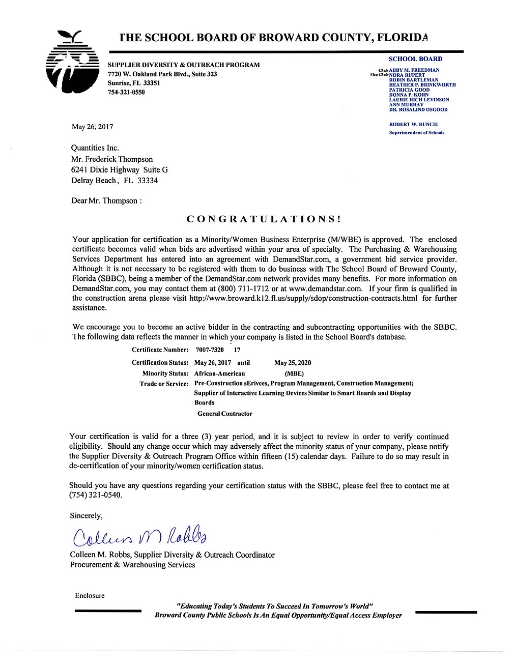 Document: Broward schools certification letter, 2017