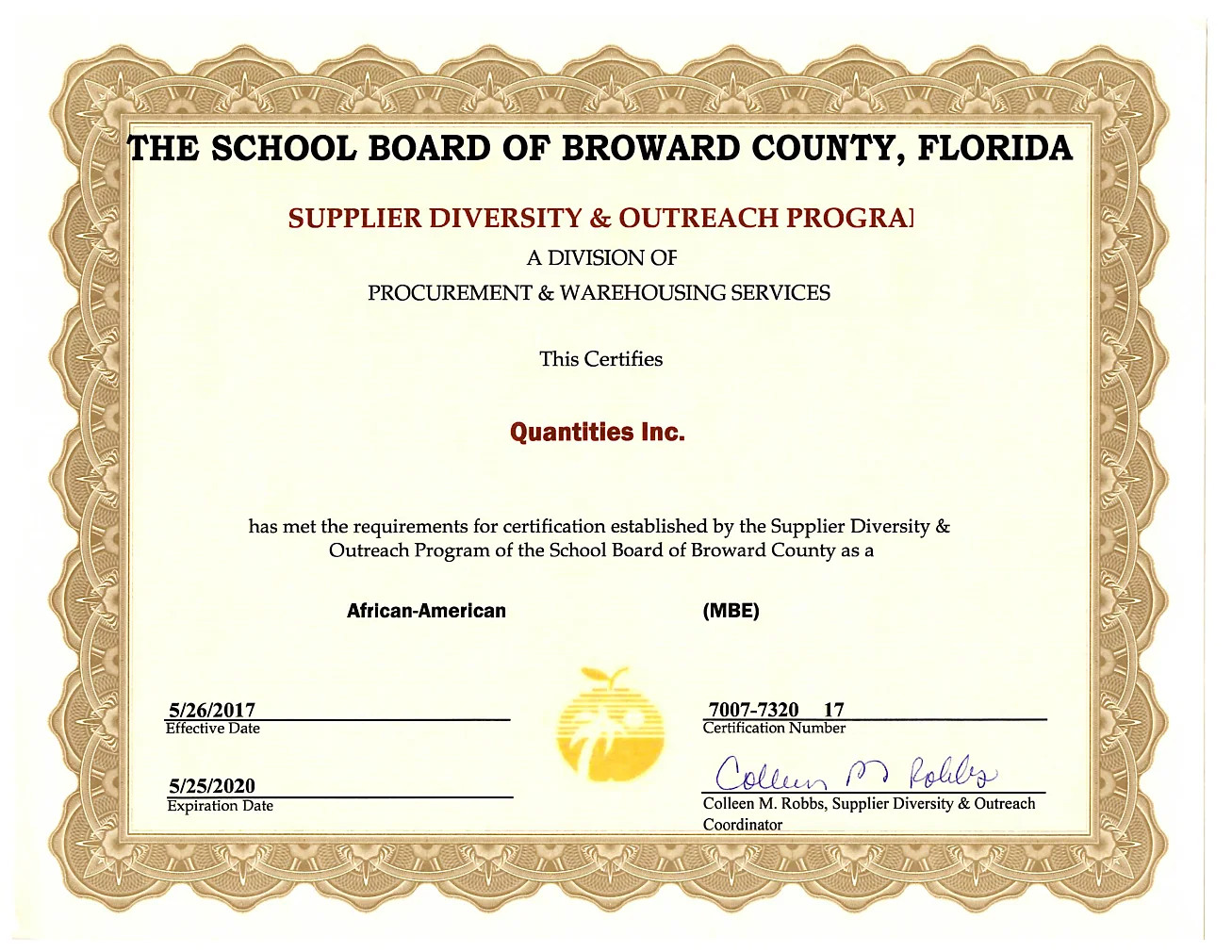 Document: Broward schools certificate, 2017–2020