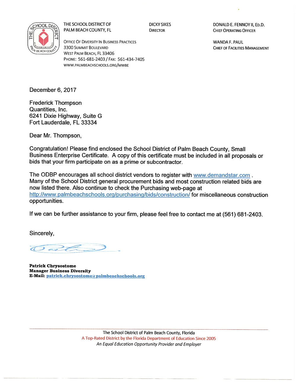 Document: Palm Beach schools certification letter, 2017