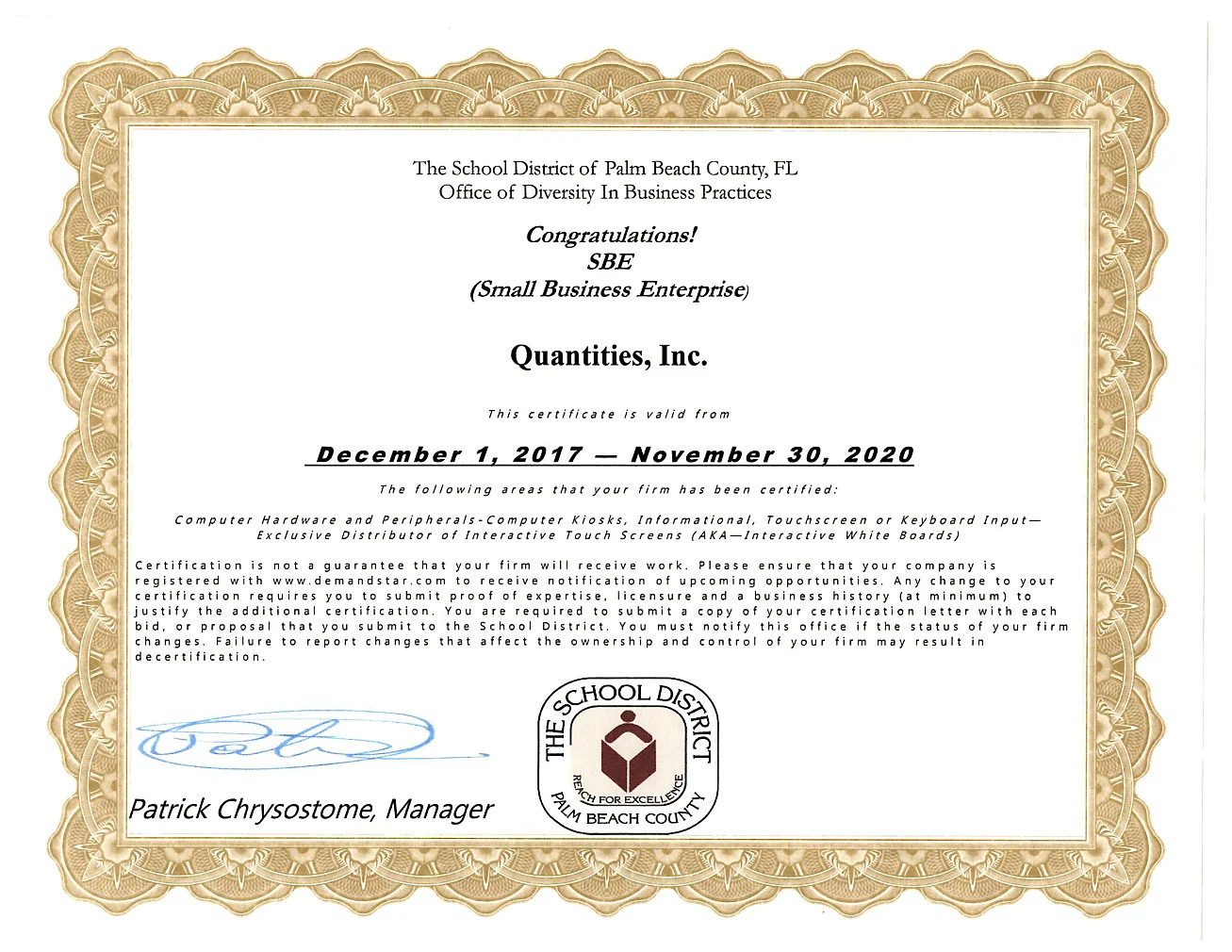 Document: Palm Beach schools certificate