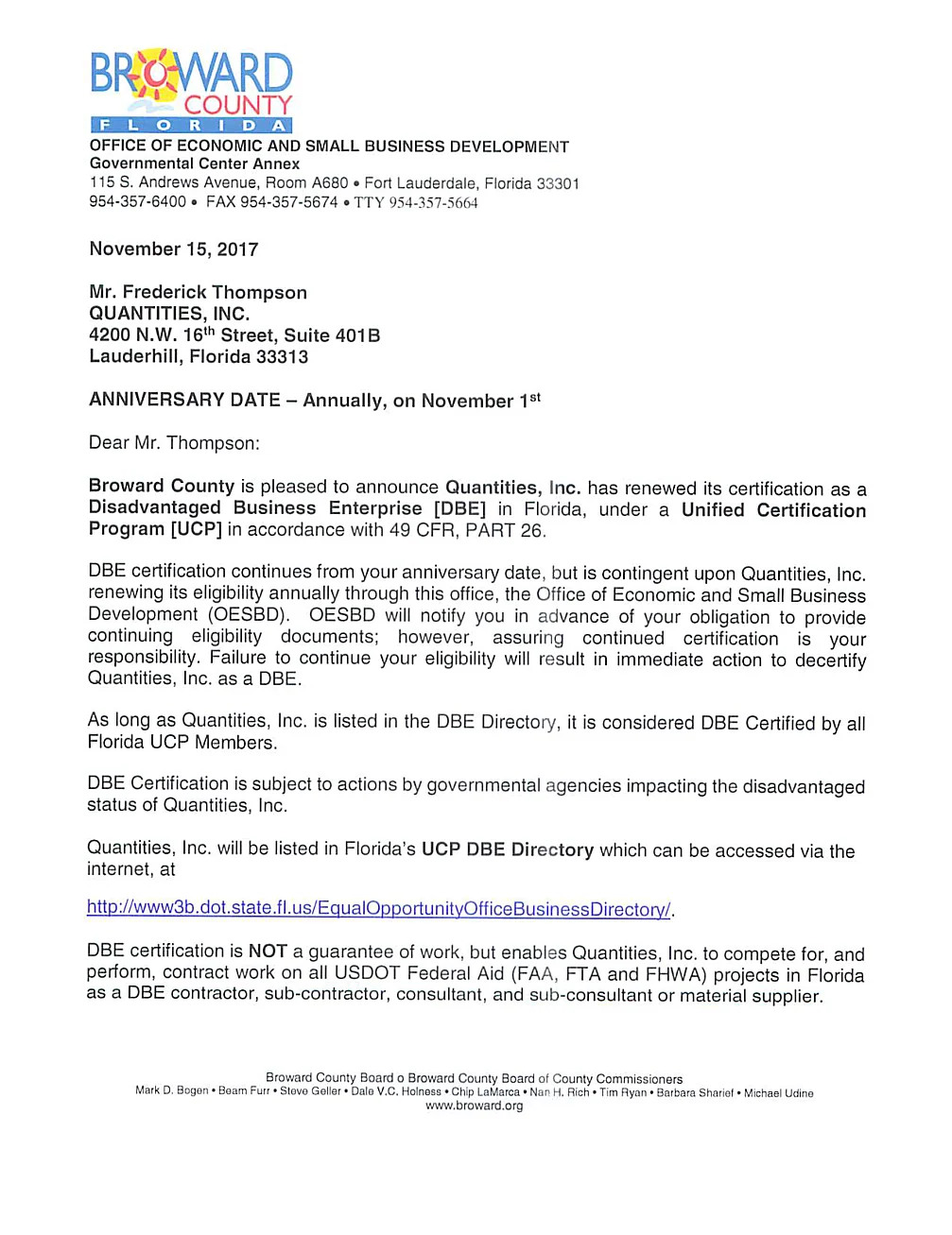 Document: Broward County DBE renewal letter, 2017